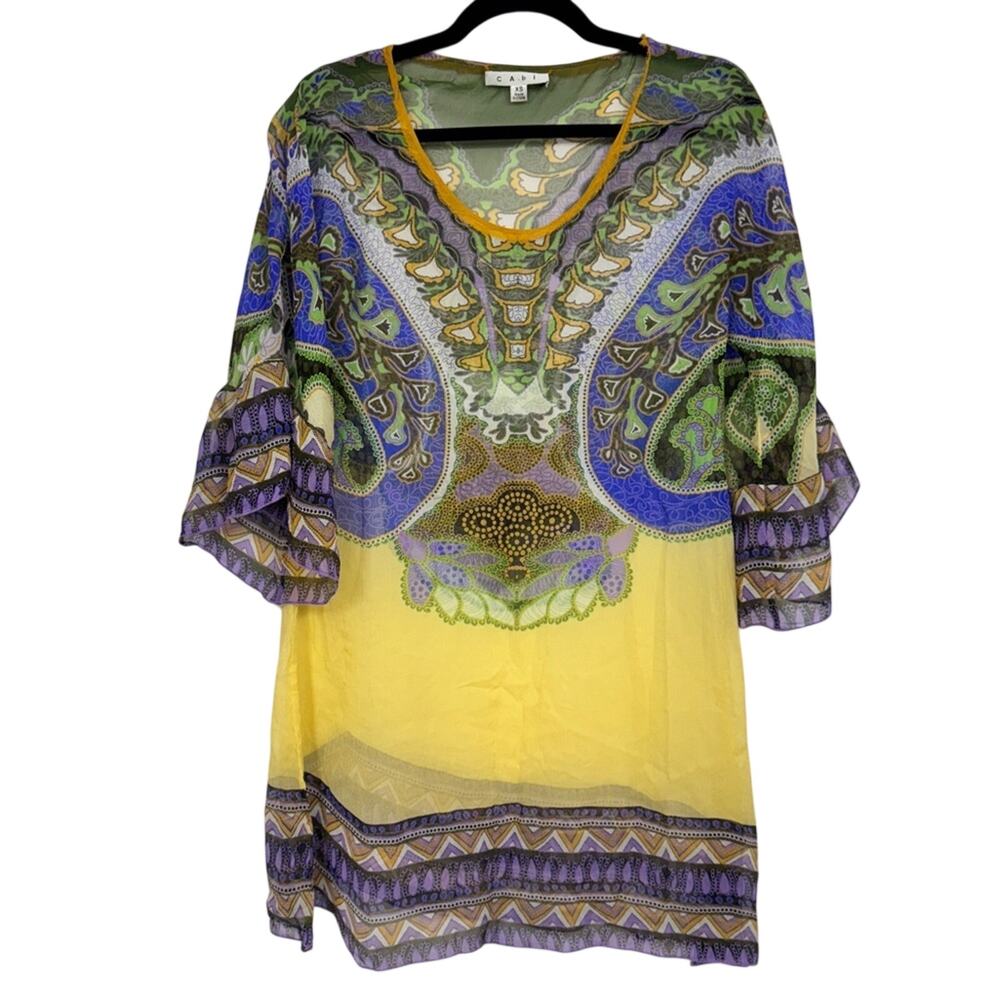Cabi Yellow Purple Silk Tunic Sheer Womens XS Swim Coverup Beachy Vacation Wear